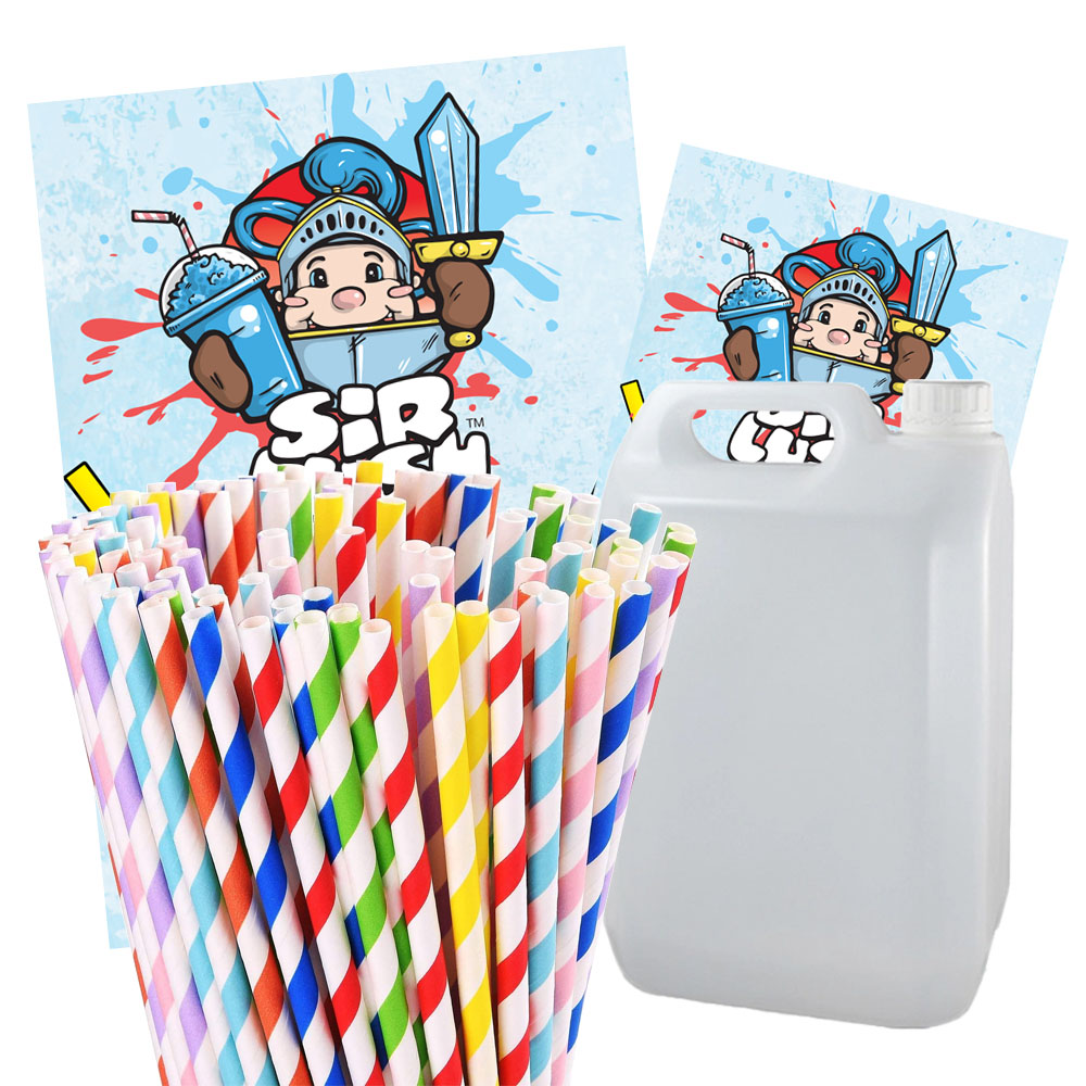 Clearance starter pack bundle with 1000 paper candy stripe straws, 5 litre mixing container, and a range of posters