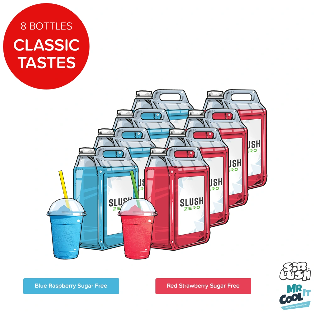 8 x 5 litre Bottles of sugar free slush syrup. 4 x Blue Raspberry & 4 x Red Strawberry