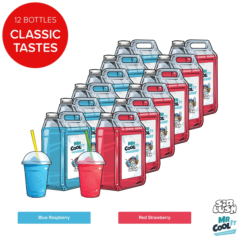 12 x 5 litre Bottles of slush syrup. 6 x Blue Raspberry & 6 x Red Strawberry