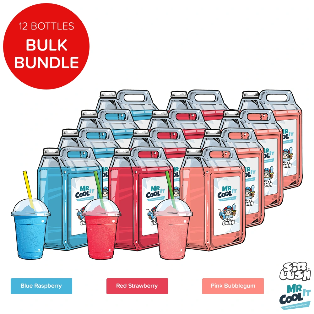 12 x 5 litre Bottles of slush syrup. 4 x Blue Raspberry, 4 x Red Strawberry & 4 x Pink Bubblegum