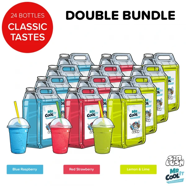 Family Favourites Bundle 24 x 5 litre Bottles of slush syrup. 8 x Blue Raspberry, 8 x Red Strawberry & 8 x Lemon & Lime